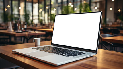 Mockup image of laptop with blank white screen on wooden table in cafe.