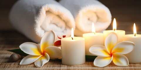 Fototapeta na wymiar Spa composition. White towels, candles and frangipani flowers