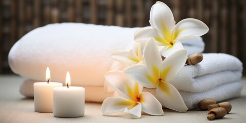Spa composition. White towels, candles and frangipani flowers