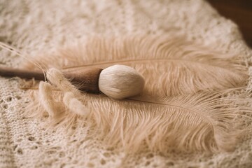 Closeup shot of a smooth white makeup brush on a white cloth with feathers