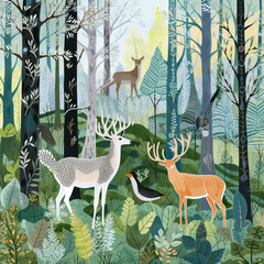 Serene Wilderness: A Deer Family's Tranquil Life in the Forest,animals in the jungle,animals in the forest - obrazy, fototapety, plakaty