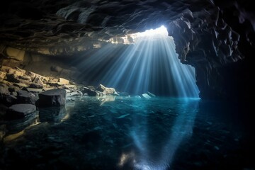 AI generated illustration of bright sunshine radiating into a rocky cave within a tranquil pond - obrazy, fototapety, plakaty