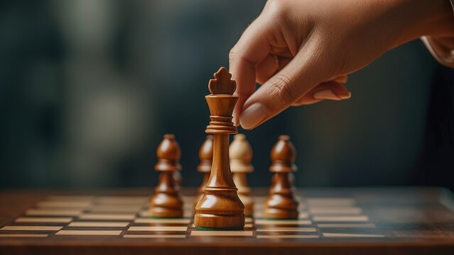 A female hand moving a chess piece on a high quality chessboard