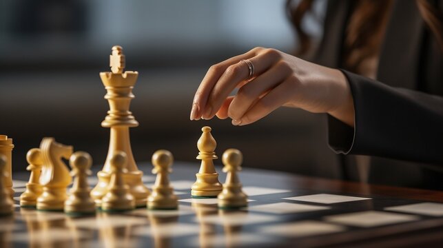 A female hand in business suit moving a chess piece on a chessboard
