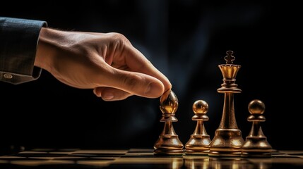 A hand in a bussiness suit moving a gold chess pawn on a high quality chessboard