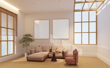 The picture frame wall is empty in the living room. In the daytime, sunlight enters the room and complete with sofa set, window and glass ceiling.3d render