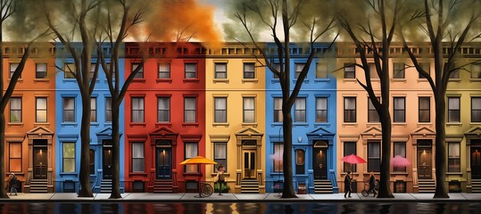 row multicolored houses people walking rain graphics harlem young representing seasons black red color palette doors - obrazy, fototapety, plakaty
