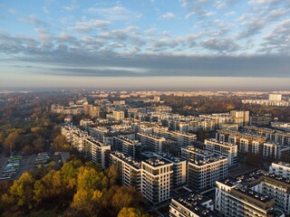 Early morning aerial shot of a new residential area Odolany in Warsaw Wola district. - obrazy, fototapety, plakaty