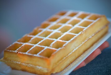 Closeup of a fresh waffle covered with sugar powder