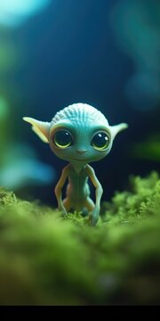 AI generated illustration of A cartoonish alien doll against a backdrop of lush green moss.