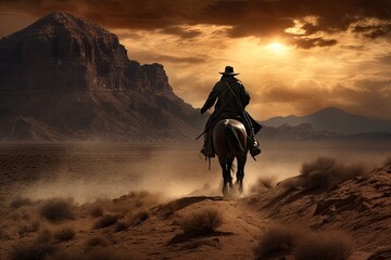 a cowboy scouts is standing on the western desert at nightfall.