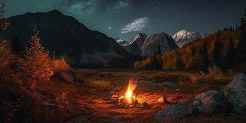 AI-generated illustration of a campfire in the mountains at night - obrazy, fototapety, plakaty