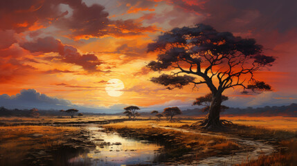 Fototapeta na wymiar As The Sun Descends Below The Horizon The African , Background Image, Hd