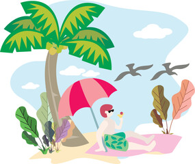 full color summer at the beach vector flat illustration