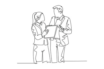Obraz premium Single one line drawing of young male and female managers discussing strategic planning to increase company profit. Business growth discussion. Continuous line draw design graphic vector illustration