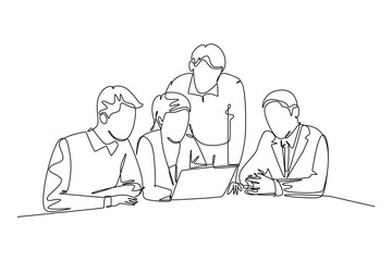 Continuous one line drawing young business man and business woman discussing project learning data graph on laptop screen. Business meeting concept. Single line draw design vector graphic illustration