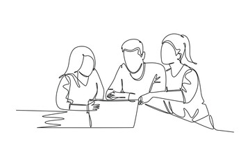 Single continuous line drawing young business man and business woman discussing project learning data graph on laptop screen. Business meeting. Dynamic one line draw graphic design vector illustration