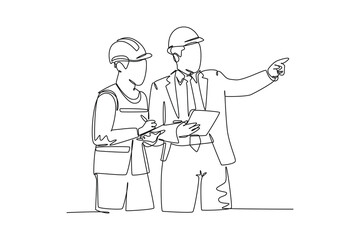 Single one line drawing of young architect and house builder discussing residence blueprint with consultant. Home construction planning concept. Continuous line draw design graphic vector illustration