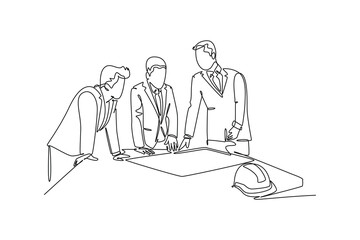 Single one line drawing young workers talking seriously about company policy around the table. Office employee life discussion concept. Modern continuous line draw design graphic vector illustration
