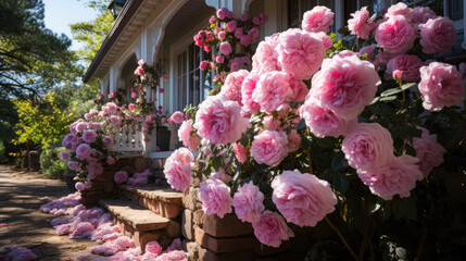 Fototapeta na wymiar A Large Expanse Of Pink-Purple Roses Under The Eaves , Background Image, Hd