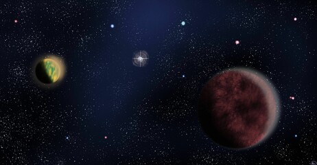 Illustration of the ethereal space with planets and twinkling stars