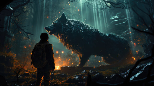 A Man In The Woods Looking At His Large Wolf Stock , Background Image, Hd