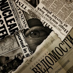Eye showing underneath stacks of news papers with conflicting news from the cold war era