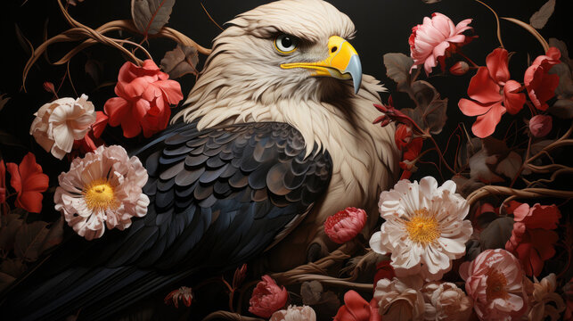 A Painting Of An Eagle With Two Pink Flowers In Front, Background Image, Hd