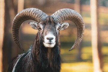 Closeup shot of a mouflon with curved horns in a forest - obrazy, fototapety, plakaty