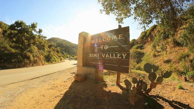 The Welcome to Simi Valley sign at the east border of the city along the Santa Susana Pass Road. Located in Ventura County, California.