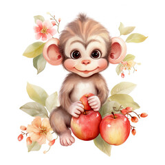 Fototapeta premium Baby monkey fruits and flower Illustration, Generative Ai