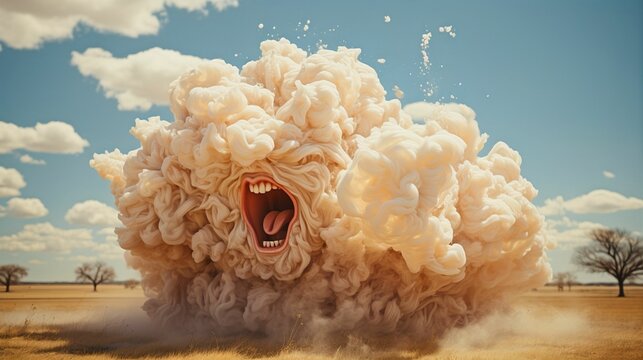 White cumulonimbus cloud formation in the shape of a face with a scowling expression, AI-generated.