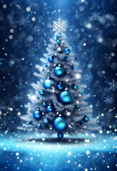 Fototapeta premium Blue sparkling Christmas background with big and luxurious Christmas tree and snowflakes