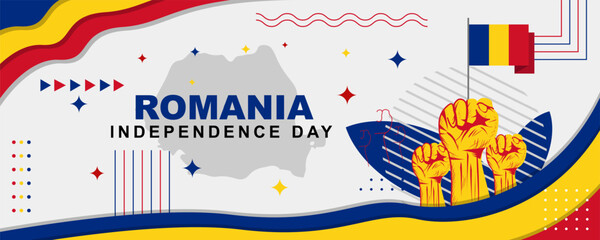 Romanian independence day banner celebrated on December 1, romanian national day banner with flag, map and clenched fist in classic retro theme style. Vector illustration