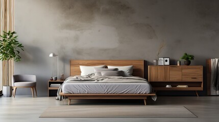 Interior of modern bedroom with white walls, concrete floor, comfortable king size bed and wooden...