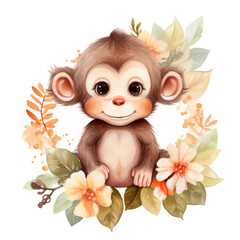 Fototapeta premium Baby monkey fruits and flower Illustration, Generative Ai