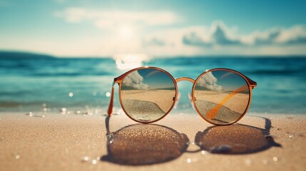Fototapeta na wymiar Tranquil Coastal Scene with Blue Sky, Sand, and Sun-Kissed Ocean and sunglasses on beach generated by AI tool 