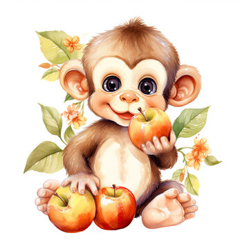 Baby monkey fruits and flower Illustration, Generative Ai