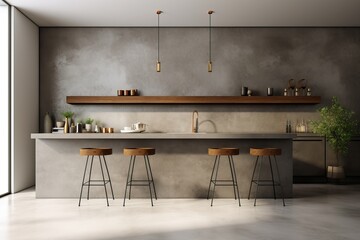 Interior of modern kitchen with gray walls, concrete floor, white countertops and wooden bar with stools