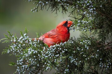 Vibrant red cardinal bird perched atop an evergreen branch in a scenic outdoor environment