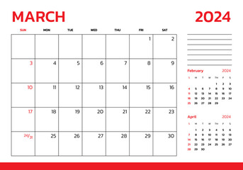 March 2024 Calendar. Week start on Sunday. Desk calendar 2024 design, simple and clean design, Wall calendar for print, digital calendar, Corporate design planner template vector. - obrazy, fototapety, plakaty