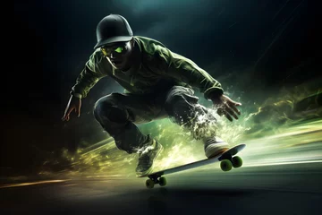 Schilderijen op glas skateboarder in action motion blur abstract futuristic lighting background © Black Pig