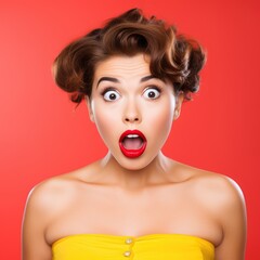 Surprised pin up style woman with retro hairstyle, bright color background