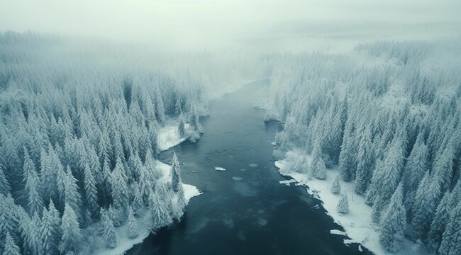 AI generated illustration of an aerial view of a snow-covered river winding through a winter forest