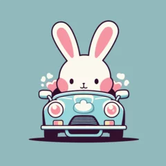 Rolgordijnen Vector illustration of a white cartoon rabbit driving a small vehicle © Wirestock