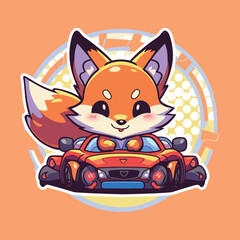 Vector illustration of an adorable fox sitting in a bright toy car against a vibrant background