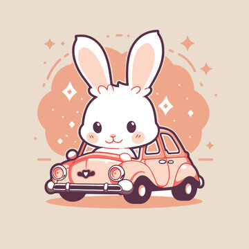 Vector illustration of a white cartoon rabbit driving a small pink vehicle