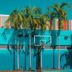 Basketball hoop is situated outdoors in an urban setting surrounded by lush palm trees