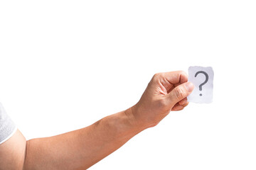 Man's hand holding a paper with a question mark on it. Isolated, transparent background