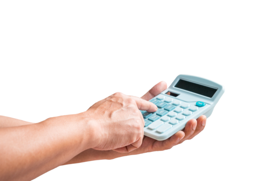 Man holding and using a calculator. Isolated on transparent background.